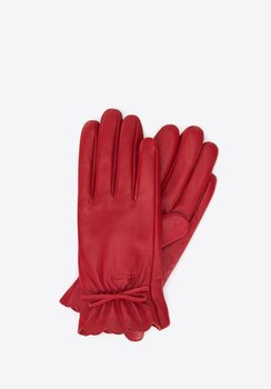 Damskie rękawiczki skórzane z falbanką i kokardką czerwone XL - WITTCHEN