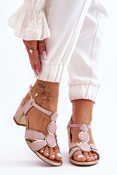 Damskie Skórzane Sandały Na Niskim Słupku Różowe Riley-36 - Inna marka