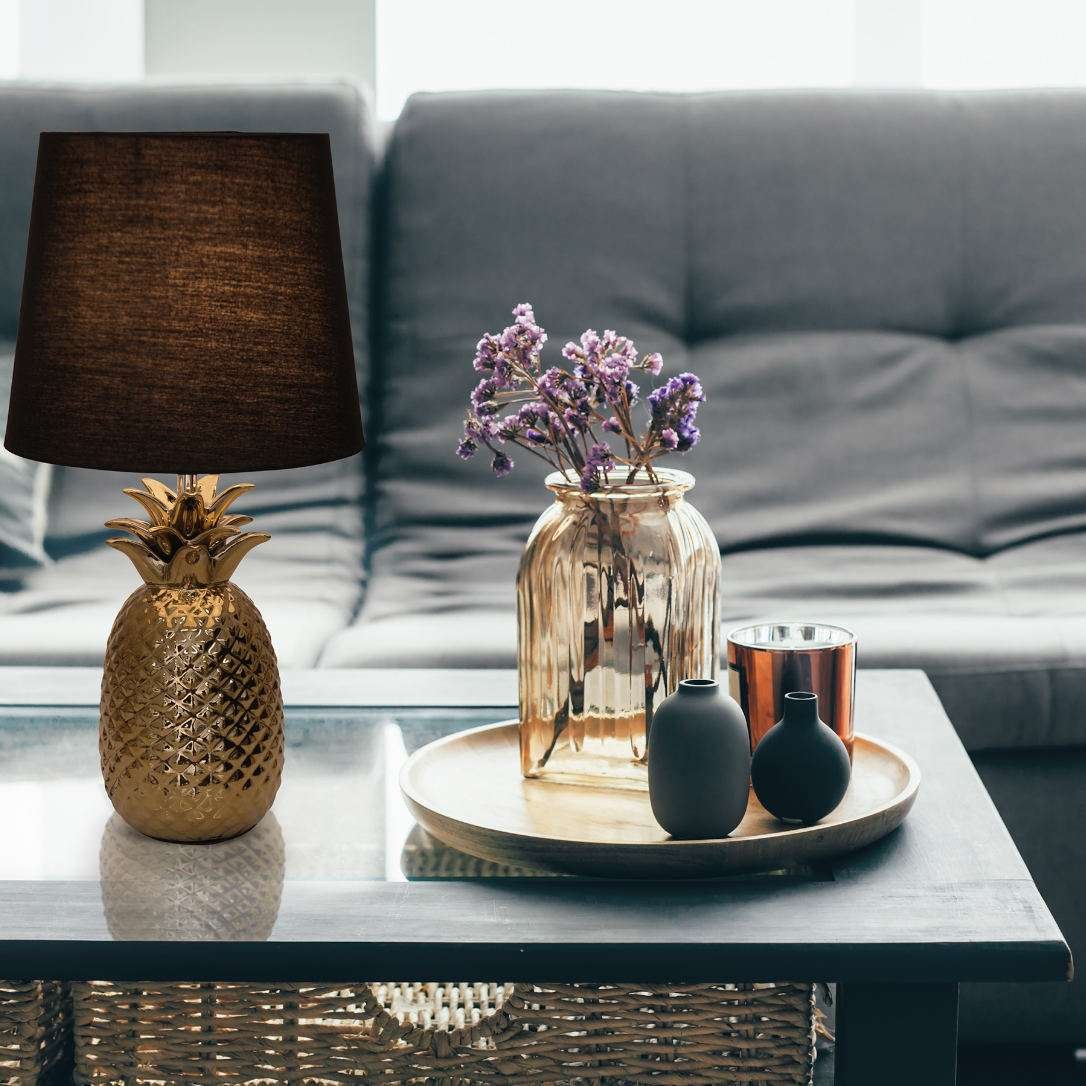 Dekoracyjna LAMPKA stołowa ANANAS 3150658 Nave ceramiczna LAMPA modernistyczna abażurowa na biurko czarna złota