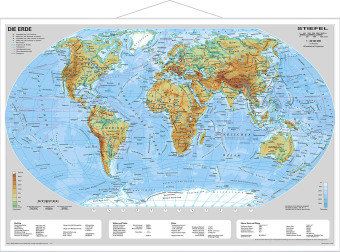Die Erde, physisch 1 : 40 000 000. Wandkarte Kleinformat mit Metallstäben