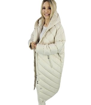 Długa kurtka damska płaszcz z ukośnym pikowaniem Ciepła LUCY-M - Agrafka