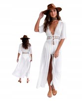 DŁUGA SUKIENKA TUNIKA PLAŻOWA WIĄZANA PAREO NA PLAŻĘ BOHO KORONKA L SNM