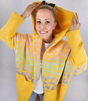 Długi kardigan sweter kolorowa panterka z wełną-M - Agrafka