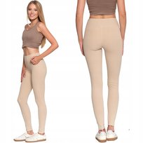DŁUGIE LEGGINSY DAMSKIE WYSOKI STAN PRĄŻKOWANE SPORTOWE FIT MORAJ S/M BEIGE