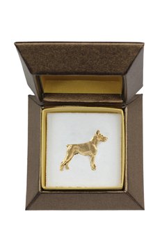 Doberman, Dobermann - broszka z psem w pudełku ozdobnym, elegancki pozłacany pin, przypinka do marynarki marki Art-Dog - Art-Dog