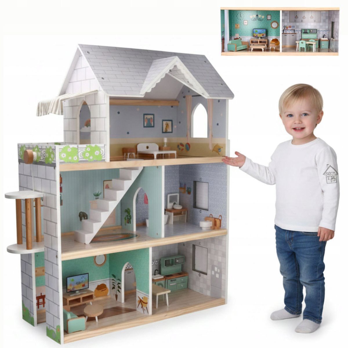 DOMEK DLA LALEK DREWNIANY 81,5 x 26,5 x 71 cm DOMEK DO ZABAWY LALKAMI ...
