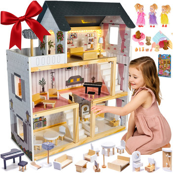 DOMEK DLA LALEK DREWNIANY LED AKCESORIA LALECZKI 3 POZIOMY DUŻY MEBELKI - Inna marka