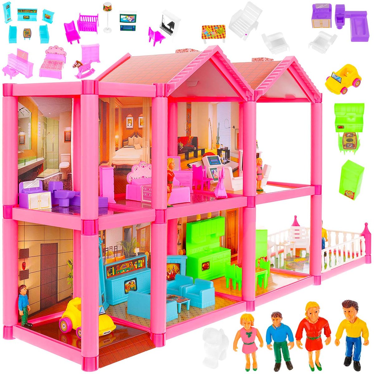 Domek dla Lalek Willa + 4 Lalki + Mebelki 32 el XL ISO TRADE