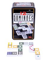 Domino DOUBLE 12/91 w metalowym pudełku z kolorowymi oczami . 91 szt, gra planszowa
