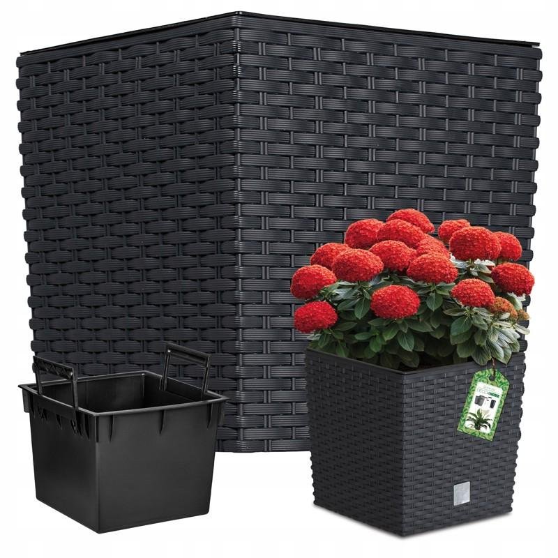 DONICZKA DONICA OGRODOWA RATTAN ANTRACYT KWIETNIK STOJĄCY 39x39cm + WKŁAD