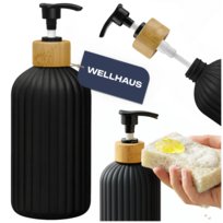 Dozownik do mydła / płynu do naczyń Wellhaus, 500 ml – czarny mat , bambusowe wykończenie, pompka z blokadą, do kuchni i łazienki