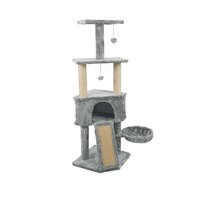Drapak dla kota, szary trzypoziomowy, duży słupek legowisko domek