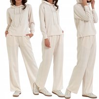 DRES DAMSKI BLUZA Z KAPTUREM I SPODNIE SZEROKIE WYGODNY MORAJ L ECRU