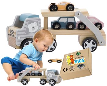 Drewniana Ciężarówka AUTKO LAWETA TIR samochodzik zabawka dla chłopca VIGA 24M+ monstessori - PakaNiemowlaka