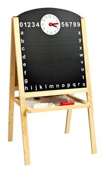 Drewniana dwustronna tablica z zegarem + literki i cyferki magnetyczne - Krakpol