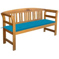 Drewniana ławka ogrodowa z różą, niebieska poduszk / AAALOE