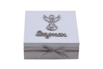 Drewniana szkatułka na prezent z napisem - imię, dekor aniołek. - Zabawki Sensoryczne