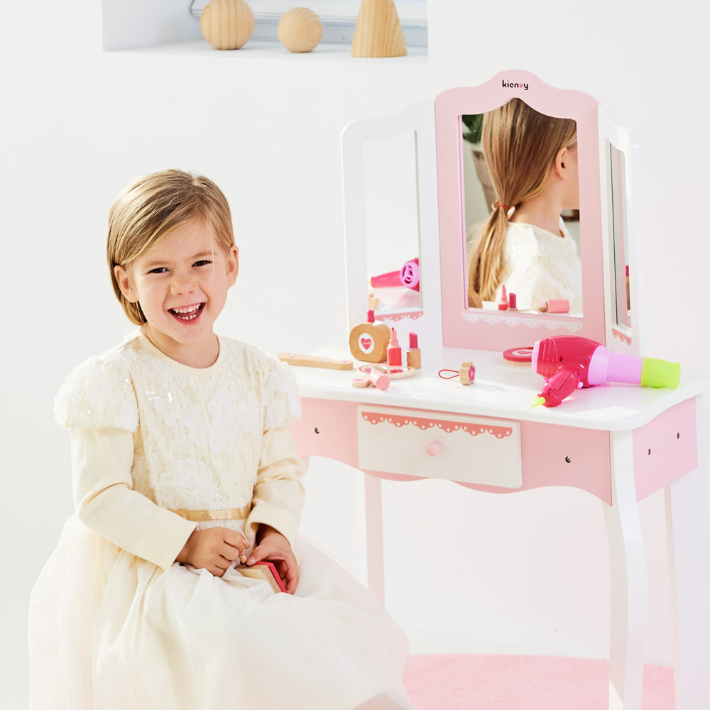 Фото - Дитячий набір для гри Drewniana toaletka z lustrem stołeczkiem dla dziewczynki duża różowa