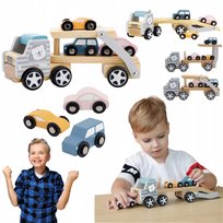 DREWNIANA ZABAWKA DLA CHLOPCOW LAWETA + SAMOCHODY SAMOCHODZIKI HOLOWNIK XXL