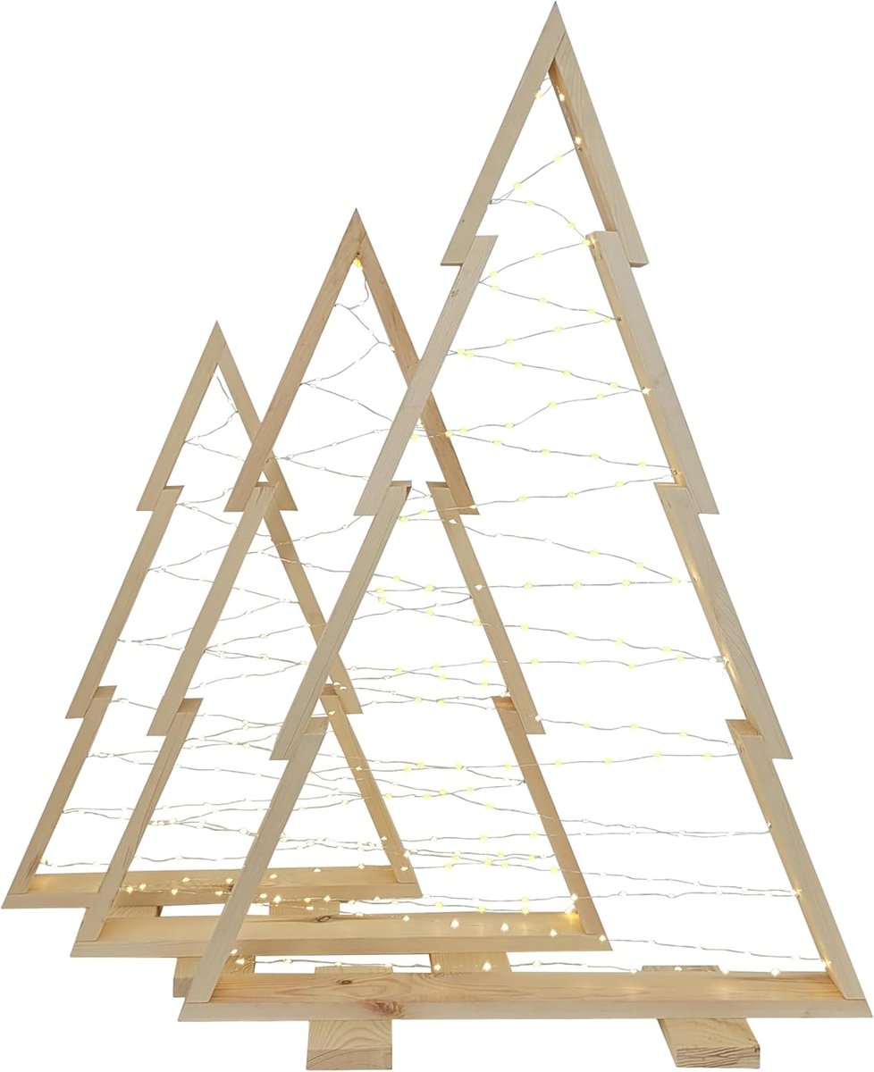 Drewniane choinki w zestawie 3 szt. z oświetleniem LED – XLL 113, 90, 78 cm