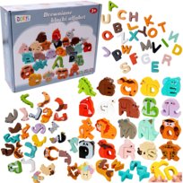 Drewniane Klocki Edukacyjne Alfabet Zwierzątka Drewniana Układanka Montessori - Nauka Liter Alfabetu - Dopasuj Połącz Puzzle