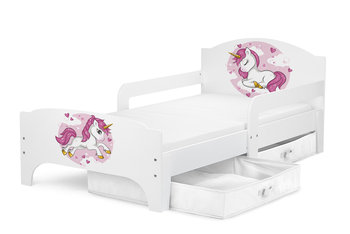 Drewniane łóżko dziecięce Smart 140/70 cm z materacem - Jednorożec różowy + 2 pojemniki/szuflady - Krakpol