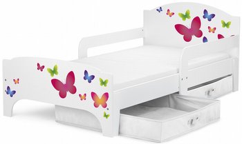 Drewniane łóżko dziecięce Smart 140/70 cm z materacem - Motyle + 2 pojemniki/szuflady - Krakpol
