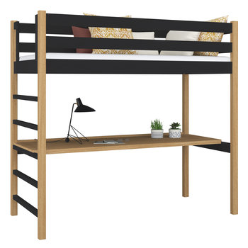 Drewniane łóżko na antresoli z biurkiem N01 czarno dębowy 120x180 - N-Wood