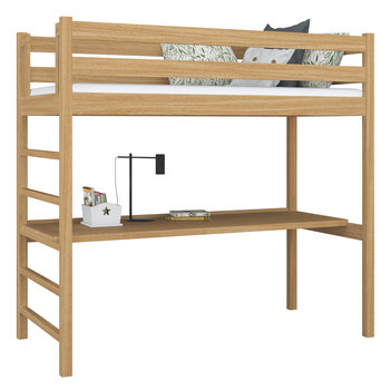 Drewniane łóżko na antresoli z biurkiem N01 dąb naturalny 100x180 - N-Wood