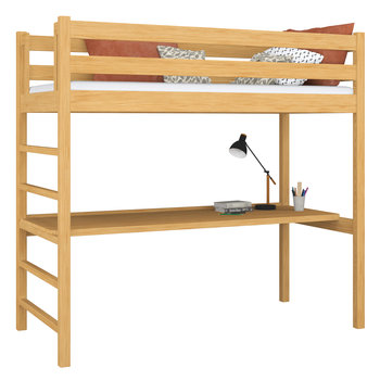 Drewniane łóżko na antresoli z biurkiem N01 sosna naturalna 100x190 - N-Wood