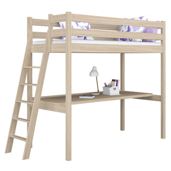 Drewniane łóżko na antresoli z biurkiem N02 dąb bielony 120x190 - N-Wood