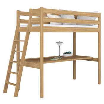 Drewniane łóżko na antresoli z biurkiem N02 dąb naturalny 120x180 - N-Wood
