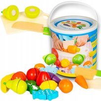 Drewniane Owoce i Warzywa do Krojenia na Rzep Deska Nóż Wiaderko Zestaw XL