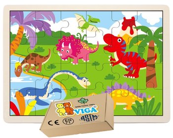 Drewniane Puzzle DINOZAURY dla najmłodszych Dzieci 2 3 4 5 lat latka 24 el VIGA - PakaNiemowlaka