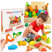 DREWNIANE WARZYWA I OWOCE DO KROJENIA W SKRZYNCE NA MAGNES DLA DZIECI