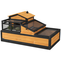 Drewniany domek dla żółwi PawHut, dwupoziomowy wybieg dla żółwi z głównymi domami, balkon, zewnętrzna klatka dla gadów z otwieranym dachem, terrarium dla żółwi i gadów, żółty