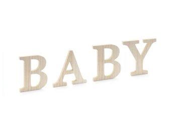 Drewniany jasny ozdobny napis Baby na baby shower