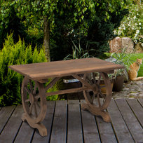 Drewniany stół ogrodowy jadalny, Stolik kawowy na kółkach Wagon Wheel z blatem 3 cm dla patio, balkonu, tarasu, 110 x 60 x 65 cm, Wykończenie karbonizowane