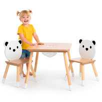 Drewniany stolik ze schowkiem i 2 krzesełka Zestaw dla dzieci – Uroczy Miś