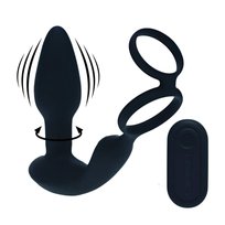 Dual Vibrating Remote Rotating Beads Silicone Prostate Stimulator with Cock and Ball Ring - Black SHOT