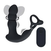 Dual Vibrating Remote Rotating Head Silicone Prostate Stimulator with Cock and Ball Ring - Black SHOT