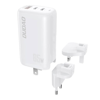 Dudao 3-portowa ładowarka GaN 3w1 (EU, US, UK) 2 x Typ C (PD) + USB (QC) 65W biała (A7PRO) - Dudao