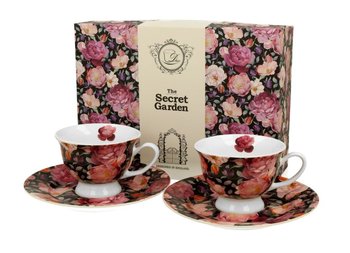 DUO Gift, 2 filiżanki espresso royal ze spodkami, SPRING ROSES BLACK - Duo