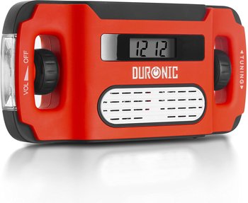 Duronic APEX Radio pogodowe z wyświetlaczem i latarką | zasilane solarnie dynamo lub USB | przenośne radio turystyczne na korbkę solarne z zegarem | na długie wędrówki, wyjazd pod namiot, do ogrodu… - Duronic