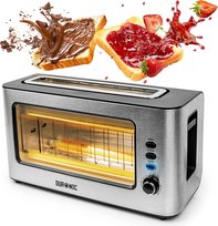 Duronic TB10 Toster z przezroczystym oknem na 2 kromki 1000W | szeroki otwór wlotowy | wyjmowana szuflada na okruszki | funkcja rozmrażania Duronic