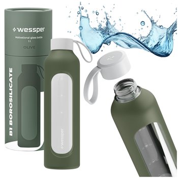 Duża butelka szklana motywacyjna na wodę i napoje Wessper 1l + Etui silikonowe Oliwkowe - Wessper