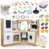 Duża, drewniana kuchnia interaktywna XXXXL z oświetleniem LED, pralką mikrofalą ekspresem do kawy oraz zestawem warzyw i owoców - 50 elementów