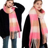 Duży Ciepły Szal Gruby Elegancki Szalik Damski W Kratę Modny Chusta Kolor Różowy