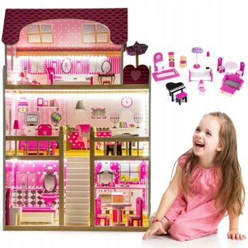 DUŻY DOMEK DLA LALEK DREWNIANY LED 3 POZIOMY MEBELKI MEBLE PASTELOWY - Ecotoys