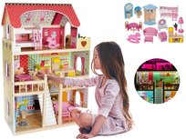 DUŻY DOMEK DLA LALEK Drewniany Z Wyposażeniem Akcesoriami Do Zabawy